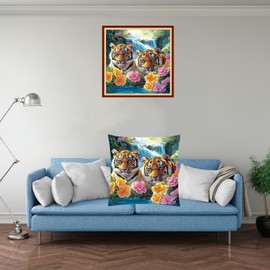 Fanxvivy Stamped Cross Stitch Kits for Adults Beginners Pillow Needlepoint Kit with Embroidery Pattern Needlework Kit Prestamped Stitches Kit 11CT Cross Stitching-Flower Tiger 18x18 inch