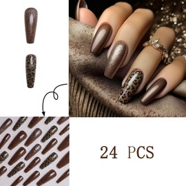 Leopard Leopard Press on Nails Medium Ballerina Brown with Gold Glitter Design Full Cover Glossy Acrylic Artificial Cheetah Print fake Nails for Women Girls DIY Manicure Decorations 24Pcs