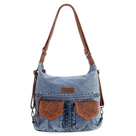 Wrangler Floral Tooled Denim Hobo/Crossbody Backpack (Convertible ) Messenger Bag - Color: Red