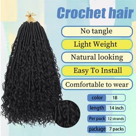 Short Goddess Locs Crochet Hair 14 Inch Pre Looped Braiding Hair 4 Curls Bohemian Faux Locs Boho Braids River Locs Dreadlocs Hair for Black Women