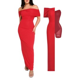 Popilush Shapewear Formal Dresses for Women Wedding Guest Off The Shoulder Maxi Dress Sleeveless Bodycon Long Prom Dress Red
