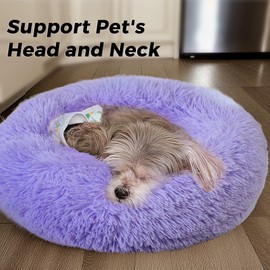 Calming Dog Bed & Cat Bed for Indoor Cats, Medium Size Washable Anti-Slip Anti-Anxiety Donut Dog Beds for Small Dogs & Cats, Fluffy Plush Cozy Round Dog Bed(20 Inch, Purple)