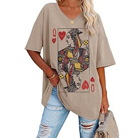 Fazortev Womens Oversized Queen Of Hearts Graphic T Shirts Casual V Neck Half Sleeve Summer Loose Tees Tunic Tops Khaki