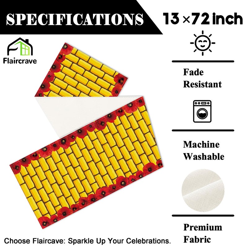 Yellow Brick Road Table Runner Brick Stone Wall Red Flower