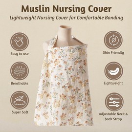 Breastfeeding Cover, Muslin Soft Cotton Nursing Cover, Breast Feeding Coverall with Adjustable Strap, Nursing Cover Breastfeeding Lightweight Breastfeeding Shawl for Outdoor