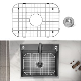 Stainless Steel Sink Protector 18-1/8" x 13-3/8" with Center Drain, Metal Sink Rack for Bottom of Sink, Kitchen Sink Grate and Sink Protectors with Sink Strainer (18-1/8" x 13-3/8" - Center Drain)
