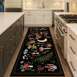 Mushroom Runner Rug for Hallways, Black Kitchen Runner Rug Non Slip 2'x 6', Washable Runner Rugs with Rubber Backing, Soft Witchy Carpet Runner for Hallways Kitchen Laundry Bedroom Bathroom
