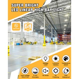 JC-LGL LED Linear High Bay Light, 130W 19500LM High Bay LED Shop Lights, 120-277V, 5000K, 0-10V Dimmable LED Shop Light, Linear High Bay Light for Warehouse Workshops, UL Complied, 4 Pack