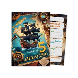 12 Invitation Cards Including 12 Envelopes for 5th Children's Birthday Boys Girls Pirate Party Pirate Cool Colourful Invitations Fifth Birthday Children Boys Birthday Treasure Hunt Birthday