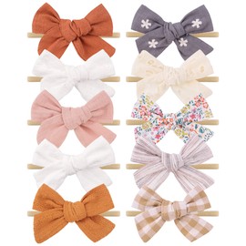DOOBOI 10PCS Baby Girls Headbands Hair Bows Nylon Linen Hairbands Handmade Hair Accessories for Newborn Infant Toddlers Little Girl and Kids 3.5Inches