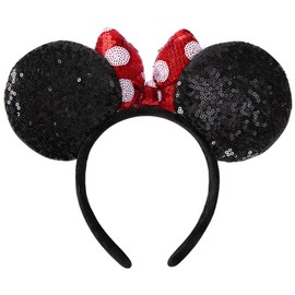 3D Mouse Sequin Ears Headband, Glitter Sequin Bow Hairbands Costume Headwear Hairs Accessories for Women Girls Kids(Red Dots)