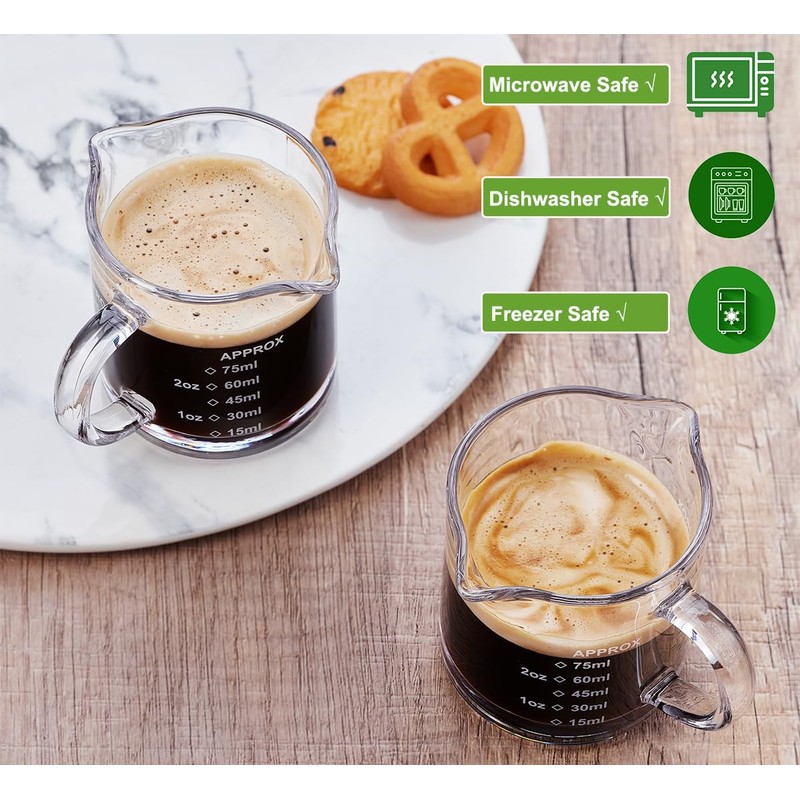 Ackers 2 Pack Measuring Cups, 75ML/2.5OZ Espresso Cups with Handle,