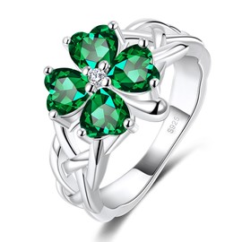 LEXLUNE Irish Four Leaf Clover Ring For Women, Sterling S925 Silver May Birthstone Emerald Ring, Shamrock Celtic Knot Infinity Ring Size 6