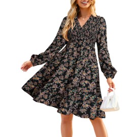 Simplee Womens Long Sleeve Babydoll Short Dress Cocktail Deep V Neck Empire Waist Button Swing Shift Dresses with Pockets Fashion(Floral Black XL)