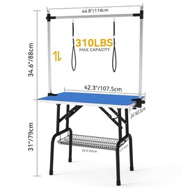 DWVO 42'' Dog Grooming Table, Foldable Pet Grooming Table with Adjustable Arm, Loop, and Mesh Tray, Non-Slip Portable Dog Bathing Station, Blue