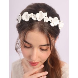 BERYUAN Wedding White Flowers Headband Silver Wedding Hair Accessories Handmade Flower Hair Crown Flowers Pearls Bridal Hair Tiara Wedding Bridal Headband for Women Girls