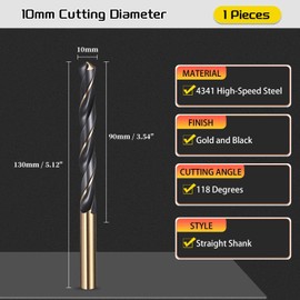 CoCud Drill Bit, 10mm Cutting Diameter, 4341 HSS Jobber Bit Gold and Black 118° Cutting Angle - (Suitable for Drilling Plastic, Wood and Soft Metal), 1 Piece
