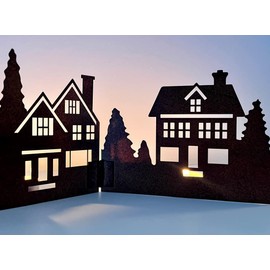 LB H&F Houses Christmas House Row Silhouette Stand, Decorative Figure, Autumn, Winter, Metal, Rusty Brown, House Advent, 60 cm (Row of House)
