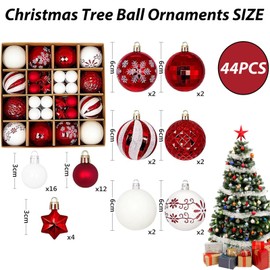 44pcs Christmas Tree Decorations Baubles,Red White Christmas Baubles Xmas Ball Ornaments 3cm 6cm Mini Baubles Hanging Ball Plastic Christmas Bulbs for Xmas Tree Decorations,Home Party,Wedding Decor
