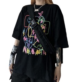 Women Summer Gothic T-shirt Anime Aesthetic Print Harajuku Fashion Casual Tops (Black, M)