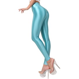 E EASILK Women's High Waist Workout Leggings Indoor Fitness Pilates Sports Pants Glossy Opaque Yoga Tights Aqua Green