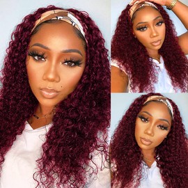 Celiarita Red Burgundy Headband Wigs Human Hair Deep Wave 18 Inch None Lace Front Wigs Curly Human Hair Headband Wig Glueless Machine Made Deep Wave #99J Headband Wig for Black Women 150% Density…