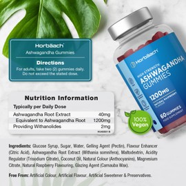 Horbaach Ashwagandha Gummies 1200mg | 60 Vegan Gummies | 5% Withanolides | Natural Raspberry Flavor