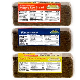 Mestemacher Natural High Fiber Bread 3 Flavor Variety Bundle: (1) Mestemacher Organic Three Grain Bread, (1) Mestemacher Pumpernickel Bread, and Mestemacher Whole Rye Bread, 17.6 Oz. Ea. (Pack of 3)