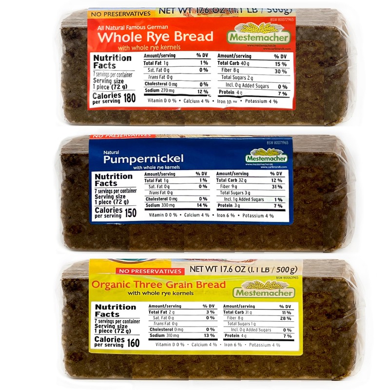 Mestemacher Natural High Fiber Bread 3 Flavor Variety Bundle: (1)