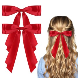 cobee 2 Pcs Red Hair Bow, Red Bow for Hair Satin Bows Red Hair Ties, Large Double Satin Ribbon Hair Clips Red Accessories for Holiday Party Women Girls Ponytail Holder(Red)