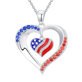 Shusukue Independence Day Heart Shape Pendant Women's 925 Sterling Sliver Patriot Pendant Independence Day Flag Necklaces 4th of July Jewelry Gift