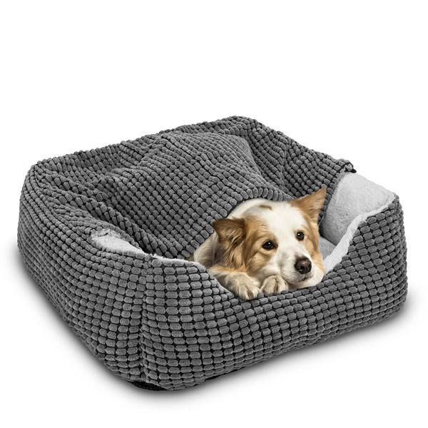 GASUR Dog Beds for Large Medium Small Dogs, Rectangle Cave Hooded Blanket Puppy Bed, Luxury Anti-Anxiety Orthopedic Cat Beds for Indoor Cats, Warmth and Machine Washable (35 inches, Grey)