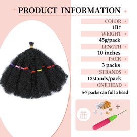 AMLUCKS Afro Kinky Hair 10 Inch 3 Packs Marley Twist Braiding Hair Pre-Separated Bulk Springy Braids for Cuban Twist Hair Faux Locs Crochet Synthetic Hair Extensions for Women (1B#, 10 Inch 3 Pieces)