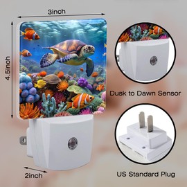 sndheke Giant Turtle in Coral Reefs Night Light, Underwater World Marine Fish Corals Dusk to Dawn Night Light Plug in, 0.5w Energy Saving Sleep Friendly NightLight for Kids Boys Girls Home Decor