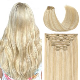 VINBAO Clip in Human Hair Extensions Rallonge Cheveux Humain Extension 27 Caramel Blonde Highlight 60 Platinum Blonde Thick End 18 Inch 160g 7Pcs Clip in Hair Extensions (7C#27P60-18inch)
