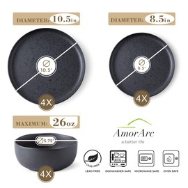 AmorArc Ceramic Dinnerware Sets, Wavy Rim Stoneware Plates and Bowls Sets, Highly Chip and Crack Resistant | Dishwasher & Microwave Dishes set, Service for 4 (12pc)-Speckled Matte Black