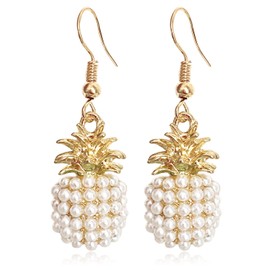 JIUIQL Cute 14k Gold Sparkly Crystal Pineapple Dangle Drop Earrings Colorful Pearl Pineapple Hook Earrings for Women Hawaiian Vacation Beach Party Dangle Drop Fruit Earring (Gold Pearl)