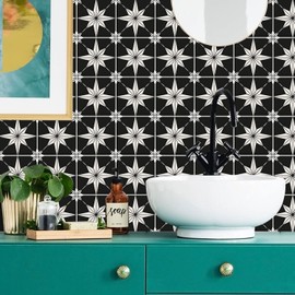 Black Starry Tile Stickers - Fireplace - Waterproof & Removable - Easy Peel and Stick - Backsplash Decals for Kitchen and Bathroom Wall, Floors Decors, Stair Riser Decor, 6X6"/ Piece,16 PC/Pack