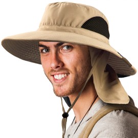 SUN CUBE Fishing Hat Sun Hat for Men, Women, Hiking Sun Hat with Neck Flap, Wide Brim, Chin Strap, Safari Summer Bucket Boonie Hat, UPF 50+ Outdoor Protection, Packable Breathable Mesh (Tan)