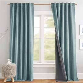 NICETOWN Skylark Blue Full Blackout Back Tab Linen Curtains 84" Long 2 Panels Set, Boho-Chic Thick Linen Blend Drapes, Insulated Small Window Covers Draperies with White Backing for Cafe (42" Wide)