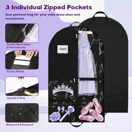 Dance Garment Bags for Dancers, 40" Garment Bags for Hanging Clothes with 3 Clear Zipper Pockets, Cheer Uniform Garment Bag for Suits, Travel & Sports Jersey, Cheer Uniform (Black, 1Pack 40")