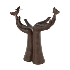 Deco 79 Polystone Hands Decorative Sculpture Raised Home Decor Statue with Butterfly Accents, Accent Figurine 13" x 5" x 14", Dark Brown