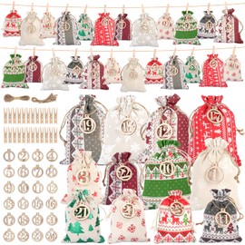 Advent Calendar for Filling, Fabric Advent Calendar Fill Yourself 24 Fabric Bags 2 Sizes, Christmas Calendar for Filling with Numbers Made of Wood 1-24, Clips, Rope for Children Women Men