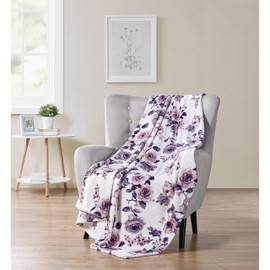 Decorative Floral Fleece Throw Blanket: Velvety Soft Plush Rose Flower Accent for Couch or Bed, Blush Pink Purple Navy Blue Grey on White, Oversized 50" x 70" Inches