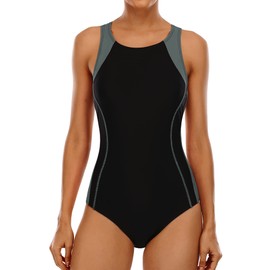 CharmLeaks Womens Athletic One Piece Swimsuit Conservative Lap Bathing Suit(Gray,Medium)