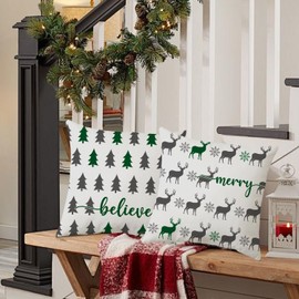 Artmag Christmas Pillow Covers 18x18 inch Set of 2, Farmhouse Xmas Trees Moose Believe Throw Pillow Covers Cushion Case Holiday Winter Decoration for Couch Sofa Green