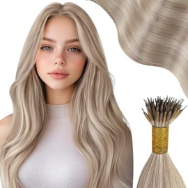 Moresoo Nanoring Real Hair Extensions, 35 cm, Ash Blonde with Platinum Blonde, Stylish Invisible Hair Extensions, 50 Strands, 50 g, #18/613