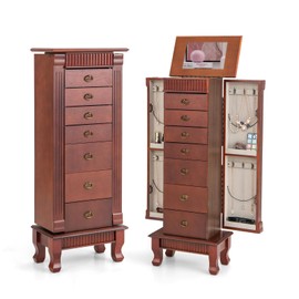 LDAILY Standing Jewelry Armoire Cabinet, Wooden Jewelry Storage Chest with Top Mirror, 7 Drawers, 2 Side Doors, 12 Necklace Hooks, Anti-tipping Device, Tall Jewelry Box Organizer for Women, Walnut