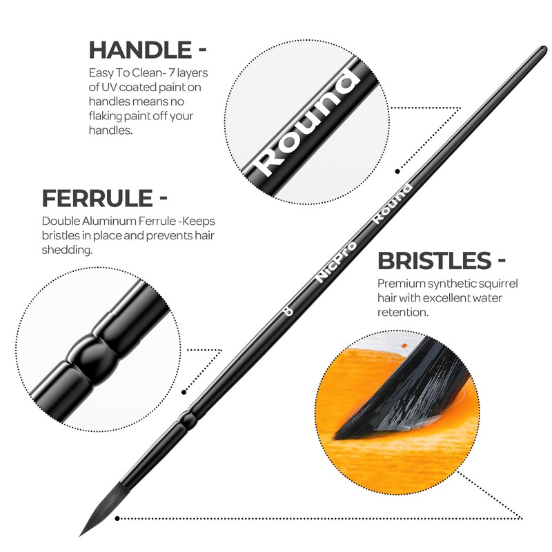 Nicpro 8pcs Watercolour Paint Brushes, Round Pointed Tip Paint Brush