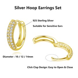 Cangall Hoop Earrings 925 Silver Women's Earrings, 3 Pairs 925 Sterling Silver Hoop Earrings Set, Silver Small Sleeping Hoop Earrings with AAAAA Zirconia, Unisex Hoop Earrings Set in 10, 12, 14 mm,